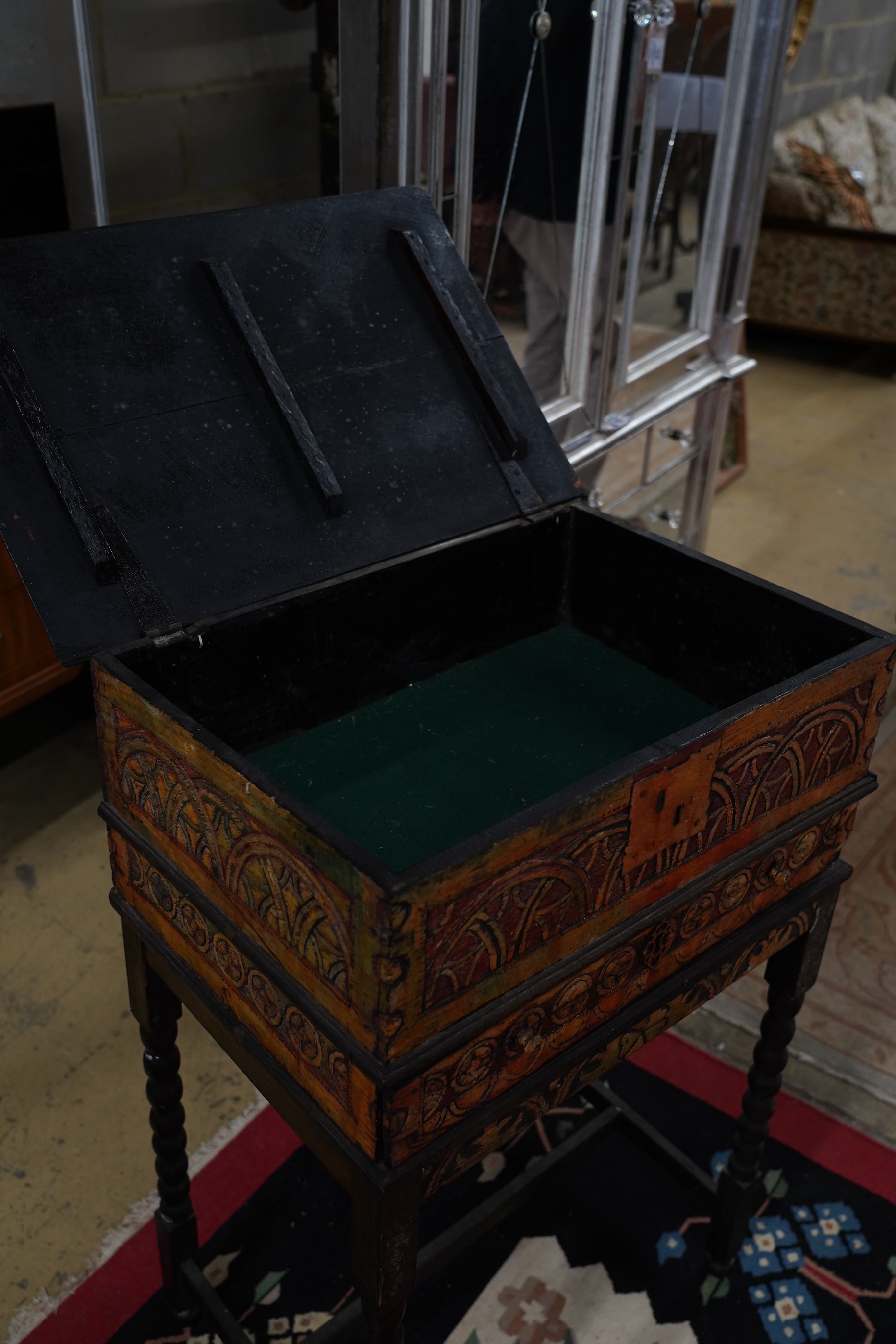 John Bratby (1928-1992): An oak bible box on stand, polychrome decorated by the artist